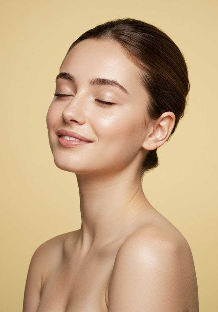 Young woman with closed eyes and serene expression against a soft yellow background.