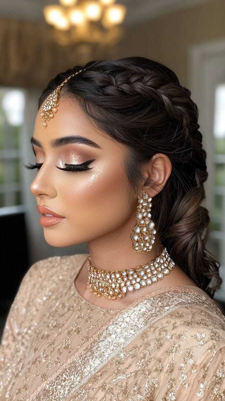 Woman in elegant traditional attire with detailed jewelry and braided hairstyle.